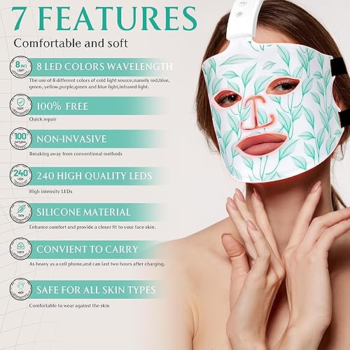 Miniatura 2 de Terapia de luz roja para cara, máscara de contorno LED, terapia de luz, 7+1 color infrarrojo cercano 850 máscara de luz LED portátil y recargable,