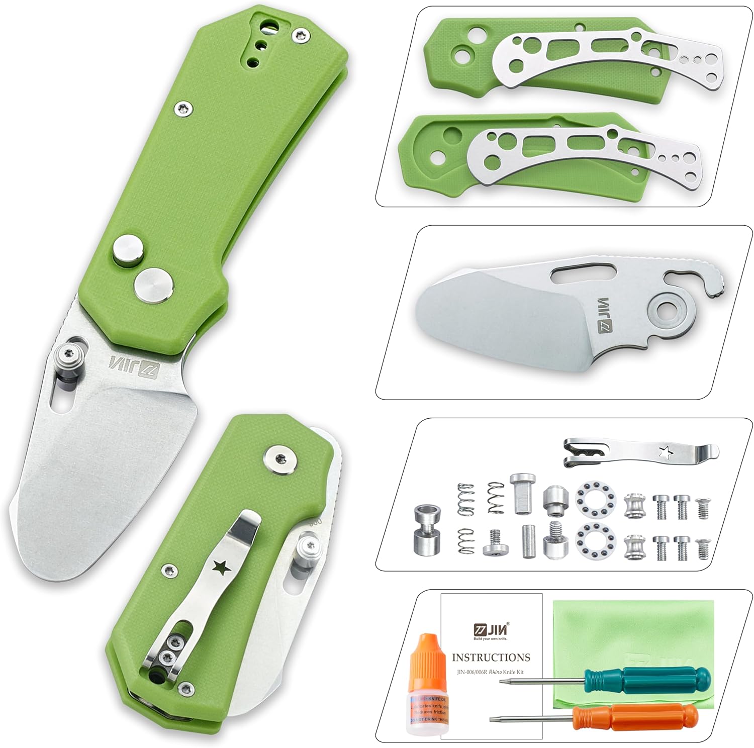 JIN Rhino Jr. Kids Pocket Knife, Fidget Toy Knife, DIY Kit, 1.97” Unsharpened Steel Blade, Safety Rounded Tip, Kids-friendly Button Lock Folding EDC, Green G10 Handle