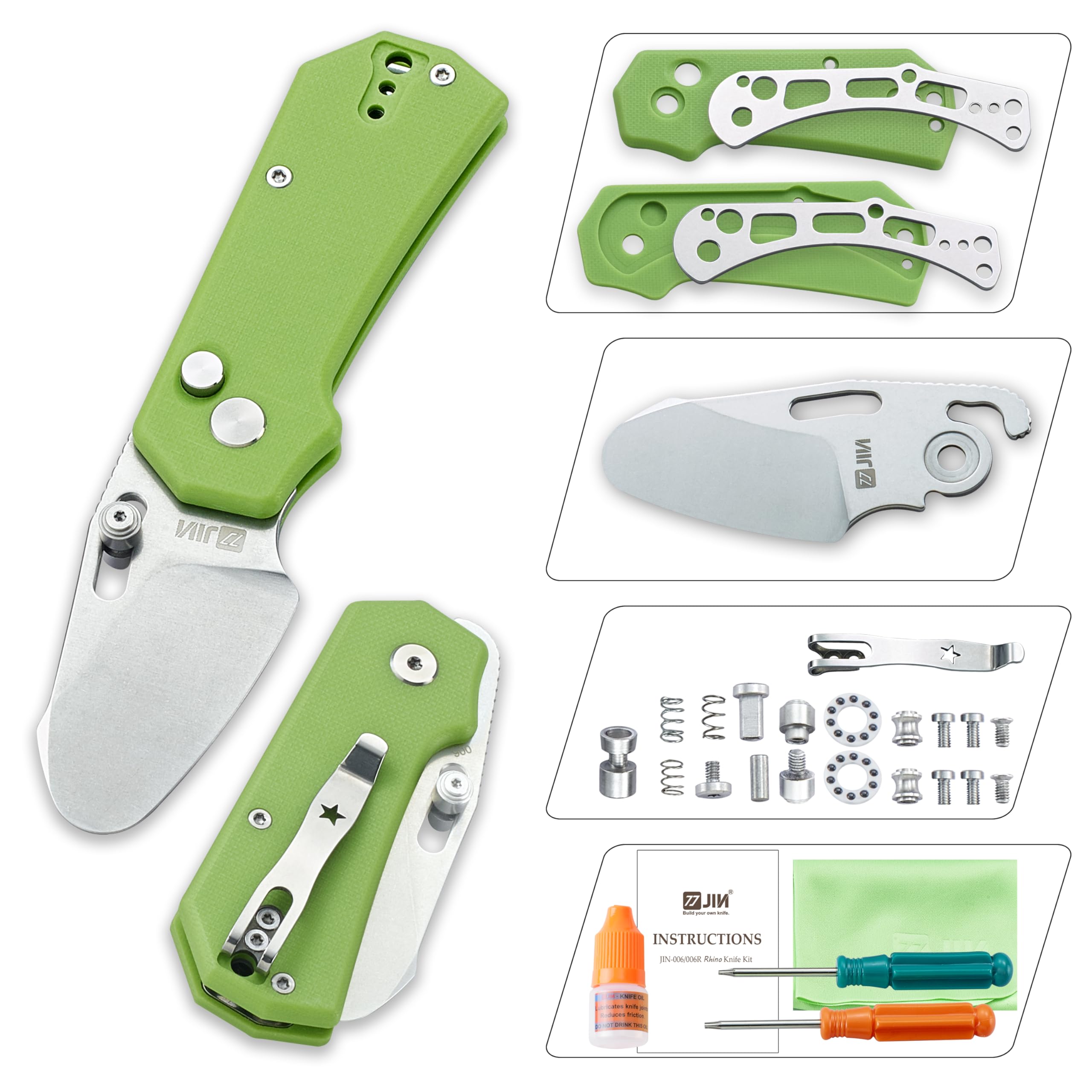 JIN Rhino Jr. Kids Pocket Knife, Fidget Toy Knife, DIY Kit, 1.97” Unsharpened Steel Blade, Safety Rounded Tip, Kids-friendly Button Lock Folding EDC, Green G10 Handle