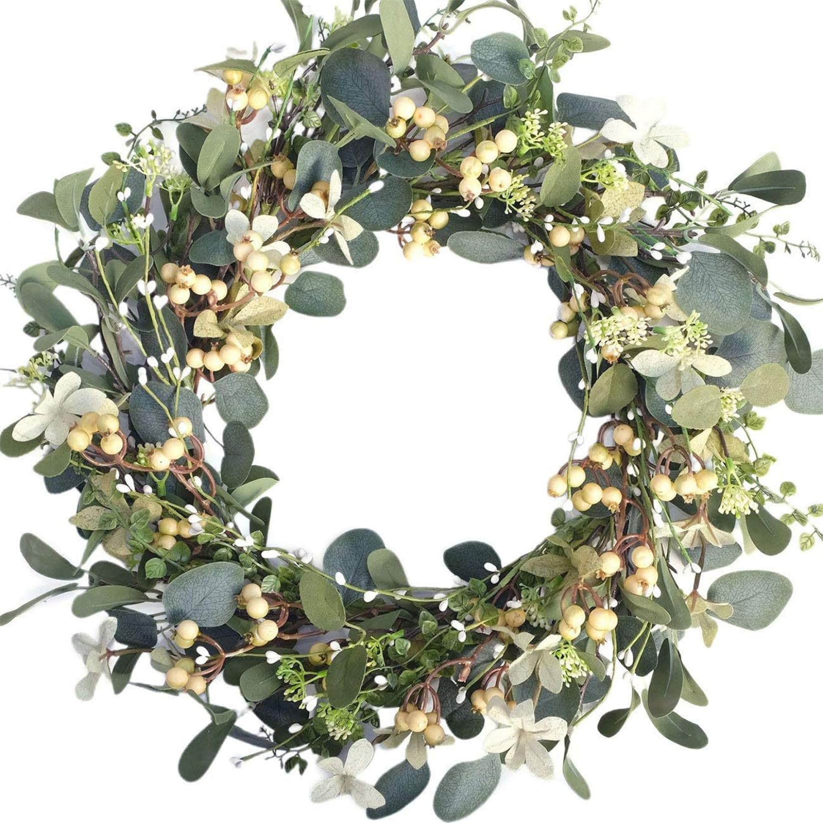 NASSMOSSE Eucalyptus Wreath with Flowers & Berries 20" Artificial Spring Wreath Decorative Realistic Hanging Spring Wreaths for Front Door Wall Wedding Window