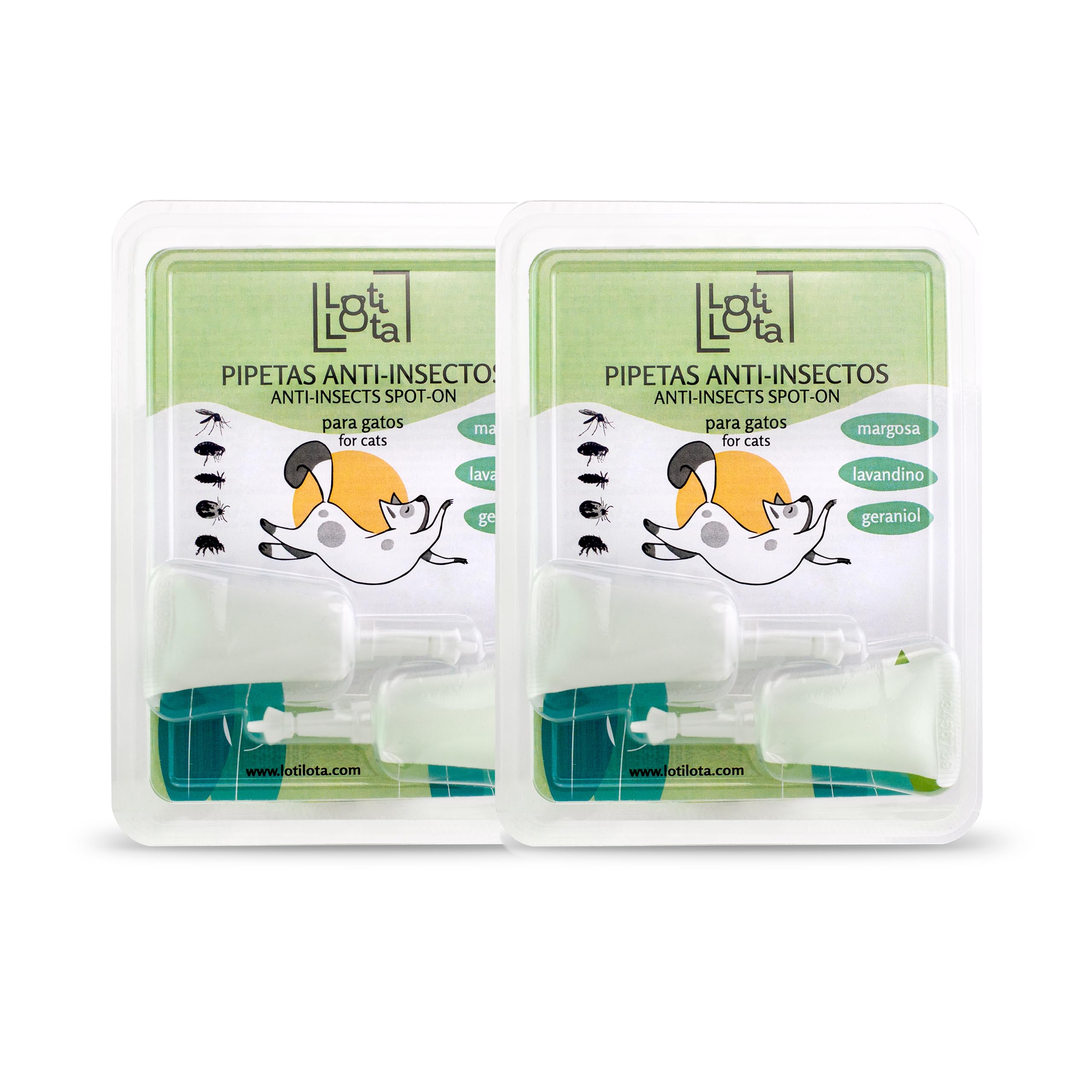 Pipetas Anti-Insectos para Gatos - Pack 2 Blister (4 Pipetas Total) - Activos 100% Naturales - Contienen Margosa, Geraniol, Lavandino - Ingredientes Naturales - Pulgas, Garrapatas e Insectos