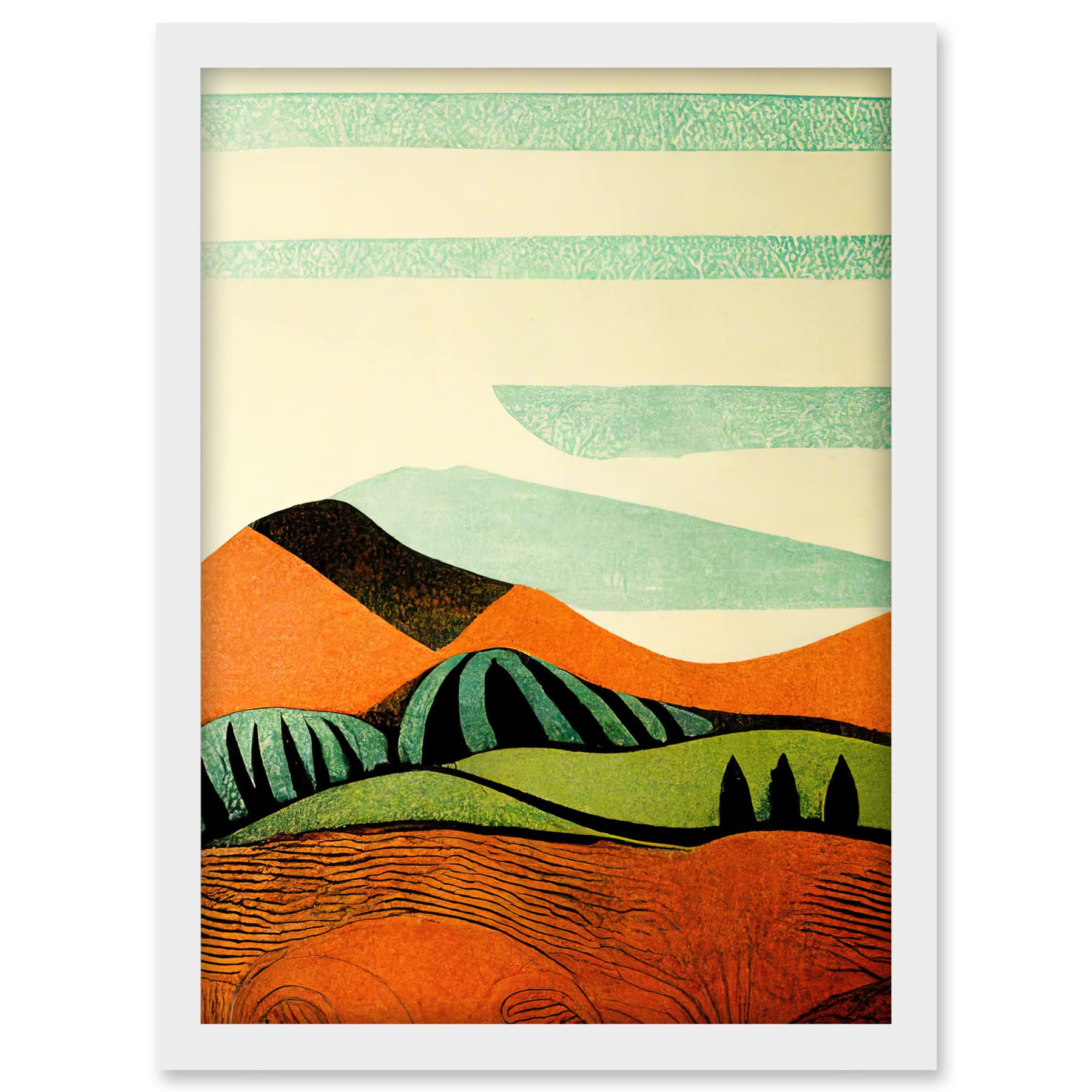 Doppelganger33 LTD Abstract Eclectic Tangerine And Olive Countryside Linocut Illustration Artwork Framed A3 Wall Art Print