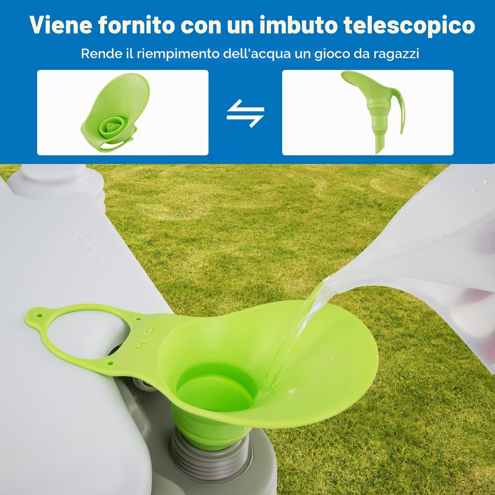 SOARS WC portatile da campeggio, WC portatile con pompa di risciacquo, serbatoio d'acqua 20 l + 10 l, carico 200 kg, altezza seduta 42 cm, imbuto telescopico, per campeggio, viaggio, auto, grigio