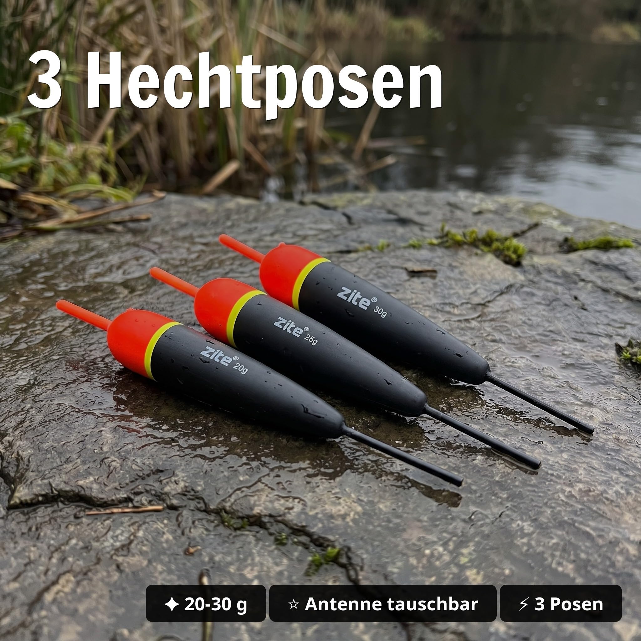 Zite Juego de flotadores de pesca para lucio, 20 – 30 g, montaje de doble perforación terminado en la cabeza de acero, tope de plomo de perlas, sistema completo de cebo para lucios