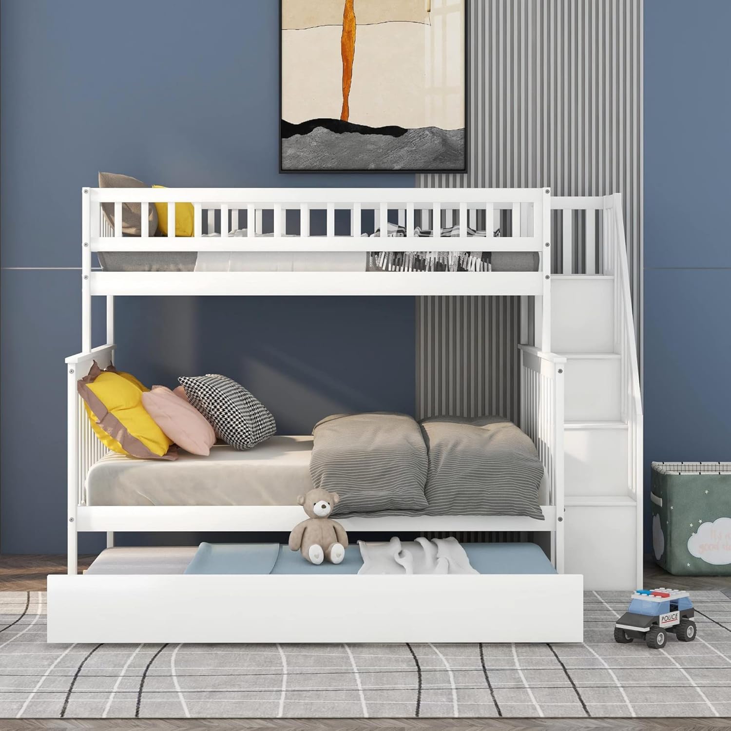 Bellemave Twin Over Full Bunk Bed with Trundle, Wooden Twin Over Full Bunk Bed Frame with Storage and Stairs, Can be Divided into 2 Beds for Kids, Teens, Adults, Space-Saving Design, White