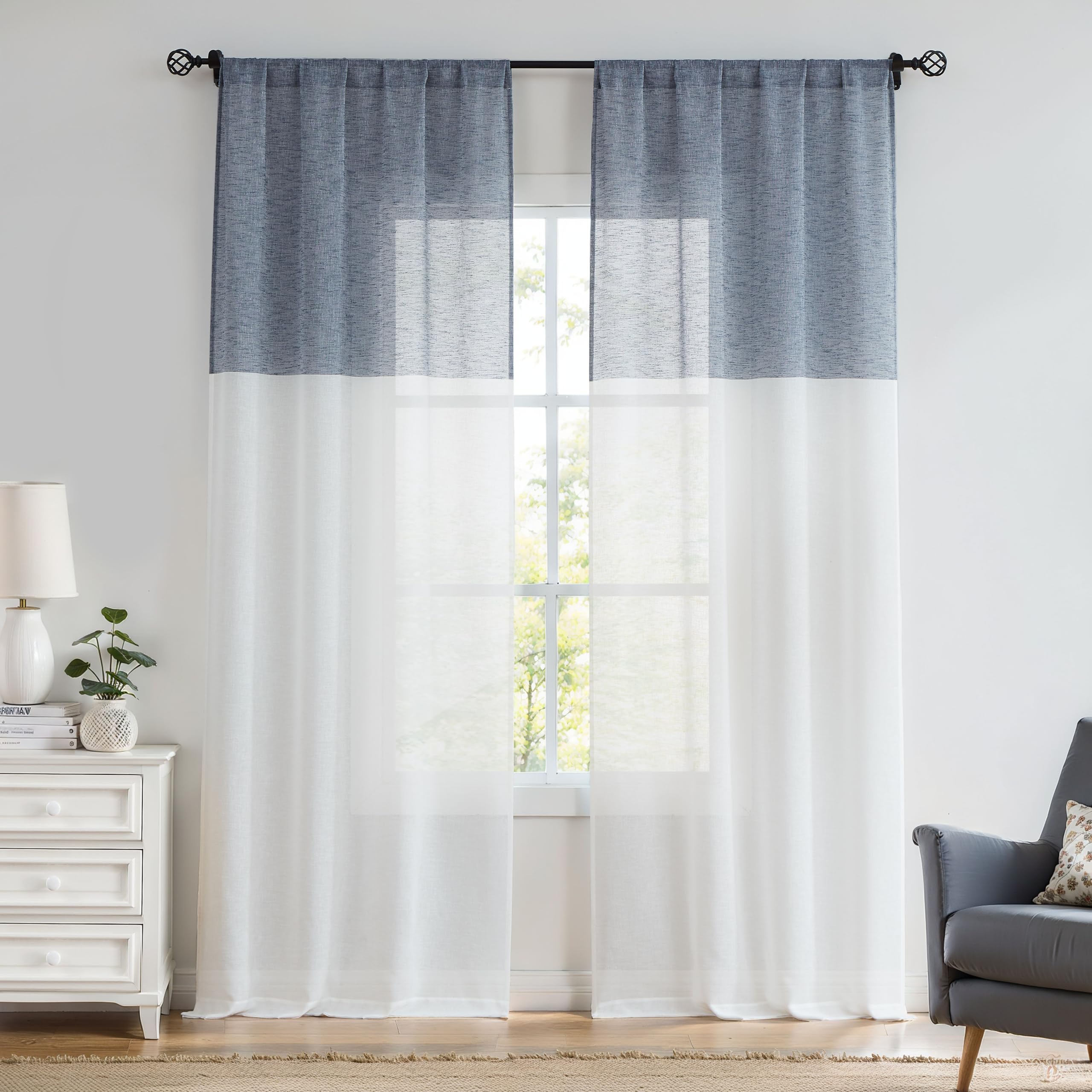 Rideaux de fenêtre en lin bleu marine et blanc pour chambre | Central Park Lot de 2