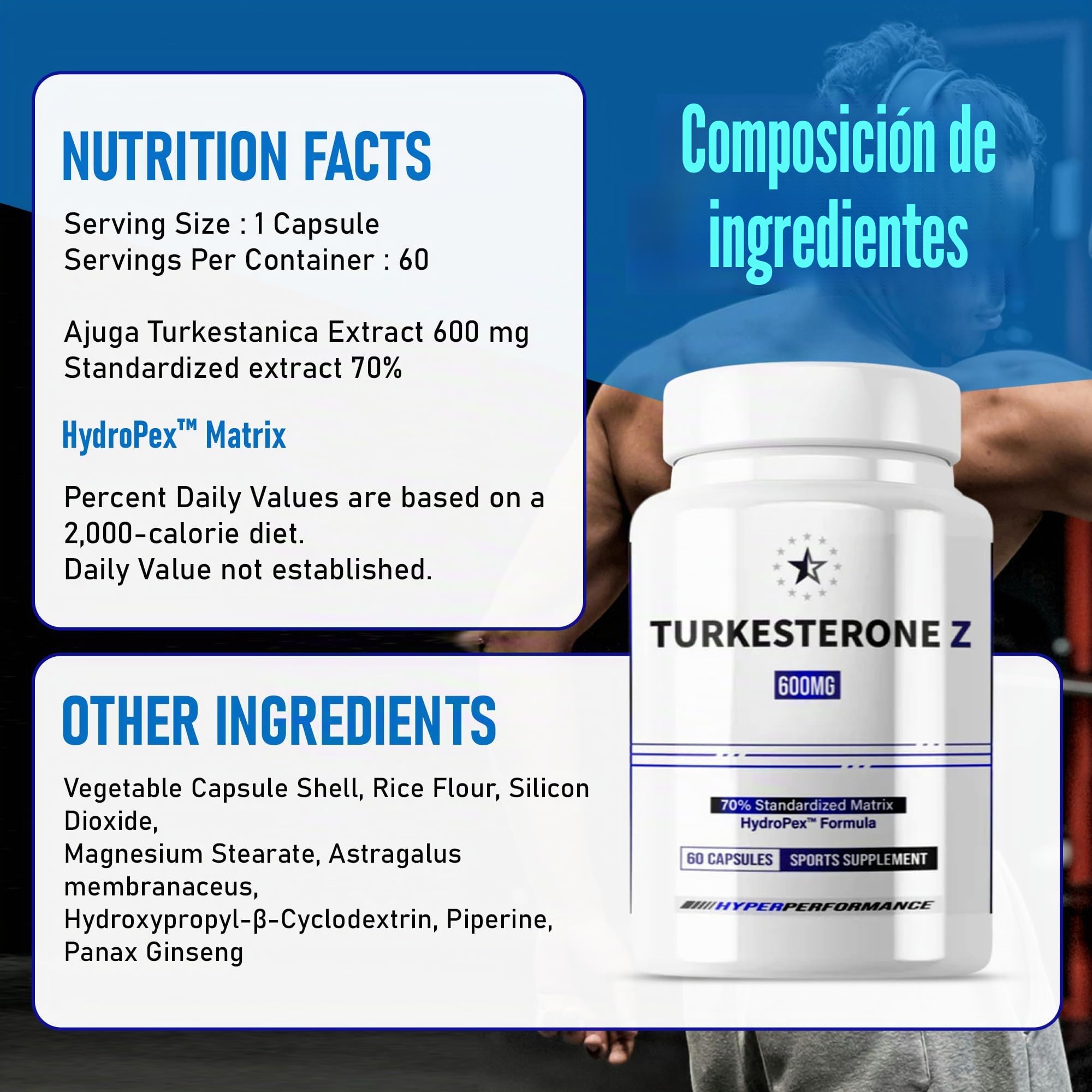 Turkesterone 70% - Supreme con HydroPex - 60 cápsulas veganas (600mg/capsula) - turkesrerona de alta concentracion - extracto de ajuga turkestanica- marca europea Apex