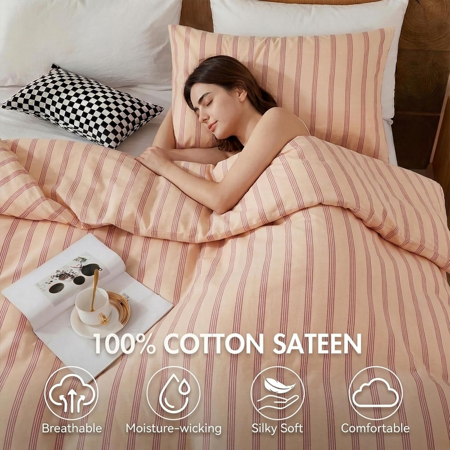 Bedbay 100% Cotton Striped Duvet Cover Set Queen Size, Warm Apricot Bedding Set, 100% Cotton Sateen, Silky Soft Cozy 3 Piece Duvet Cover for All Seasons