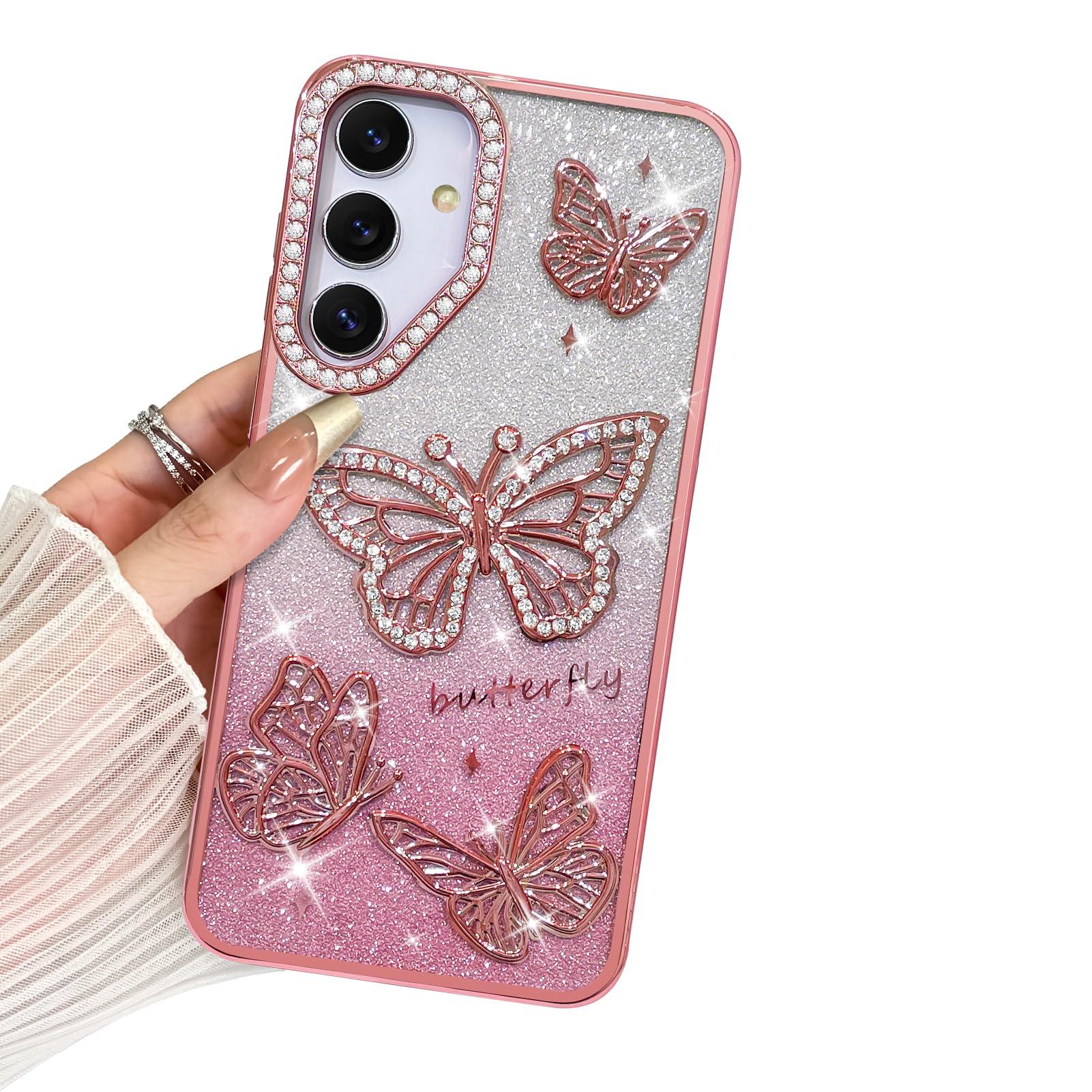 BITOBE Designed for Samsung Galaxy S23 Fe, Cute 3D Butterflies Case Slim Plating Glitter Bling Luxury Rhinestone Cover for Women Girls Protective