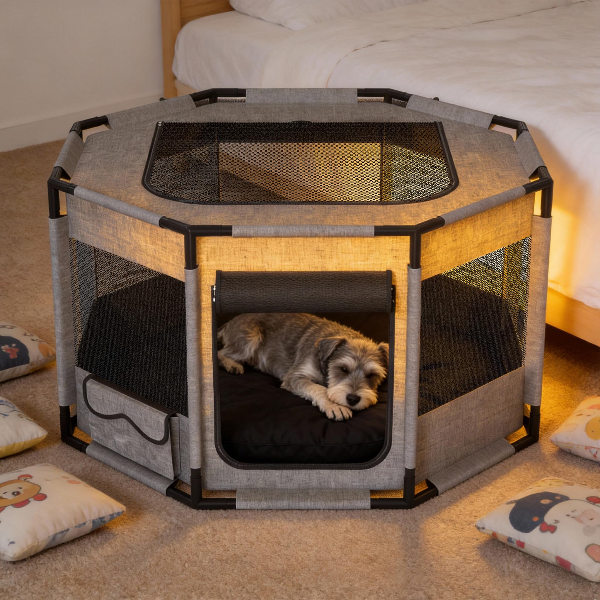 UISEBRT Welpenauslauf Freilaufgehege,Welpengehege aus Oxford-Gewebe,atmungsaktives Netz mit Reißverschluss & Seitentasche,Laufstall Laufgitter Indoor für Hunde Katzen,113.5x113.5x60cm Achteckig