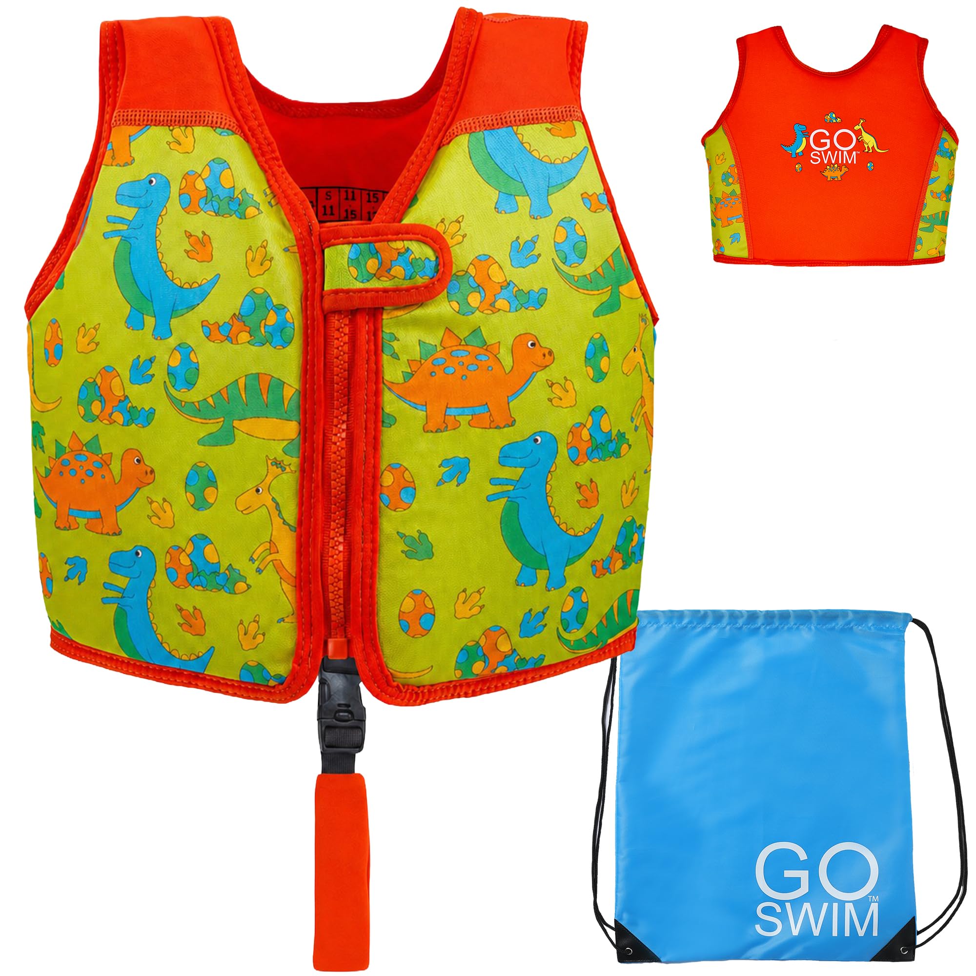 Go Swim Float Vest – Baby, Toddler & Kids Swim Vest for 1-6 Years- Fixed Buoyancy & Safety Strap. *Includes Free Swim bag* (Daring Dinos, 1-3 Years/11-19kgs)