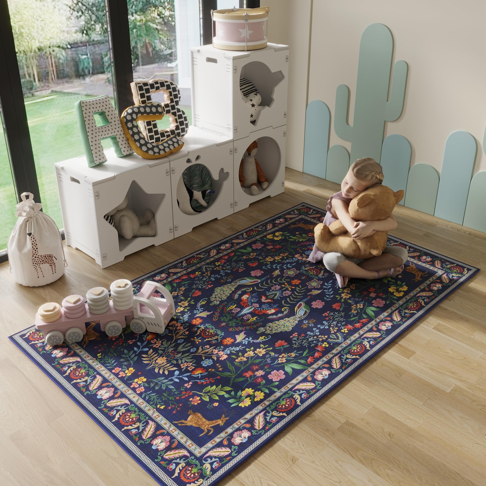 Rugcomf 3x5 Rug Washable Area Rug Floral Office Rug Non Slip Small Carpet for Bedroom, Bedside, Kitchen, Entryway, Kids Room, Office(Blue)