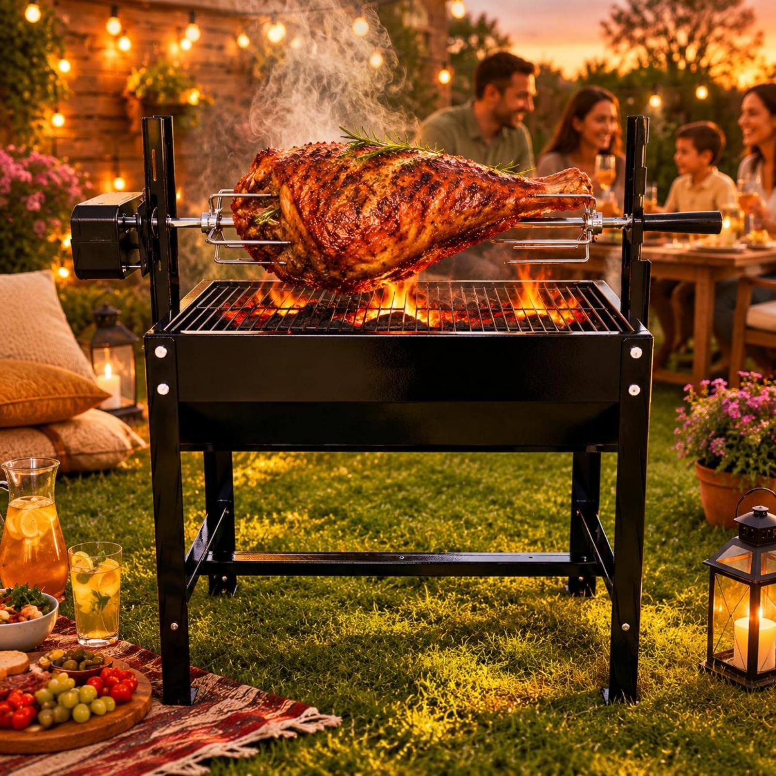 Przenośny grill na węgiel drzewny z wentylowanym rożnem, zasilany bateriami, łatwy w użyciu, idealny do gotowania na świeżym powietrzu i grillowania, trwałe malowane wykończenie, idealny na spotkania