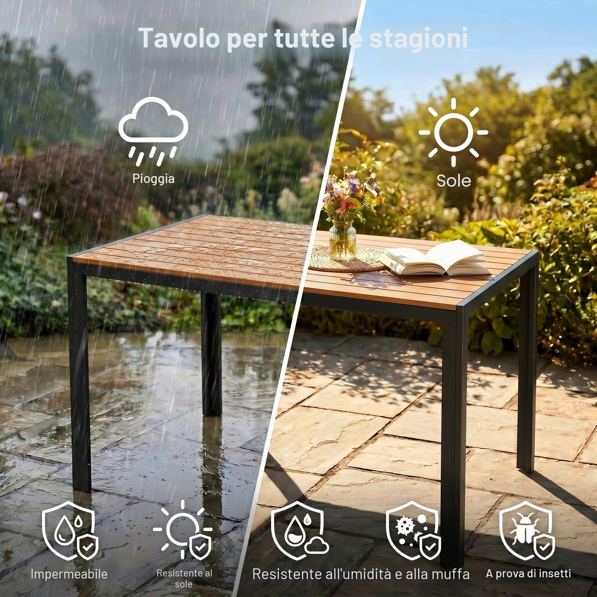 LIFERUN Tavolo da Giardino Moderno in WPC 110 x 70 cm, Tavolo da Pranzo per Esterno per 4-6 Persone, Tavolo da Balcone Salvaspazio in Alluminio, Design Effetto Legno,Marrone Teak