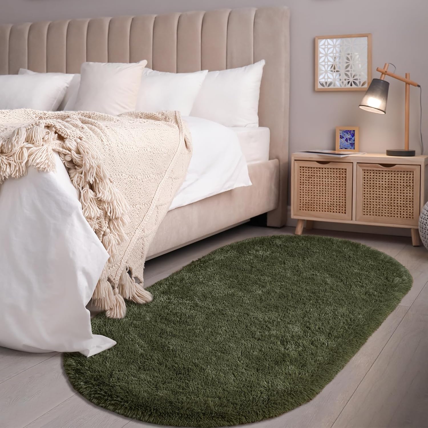 Softlife Fluffy Rugs for Bedroom, Shag Cute Area Rug for Girls/Boys and Kids Baby Room Home Decor, 2.6 x 5.3 Feet Oval Indoor Carpet for Nursery Dorm Living Room, Olive Green