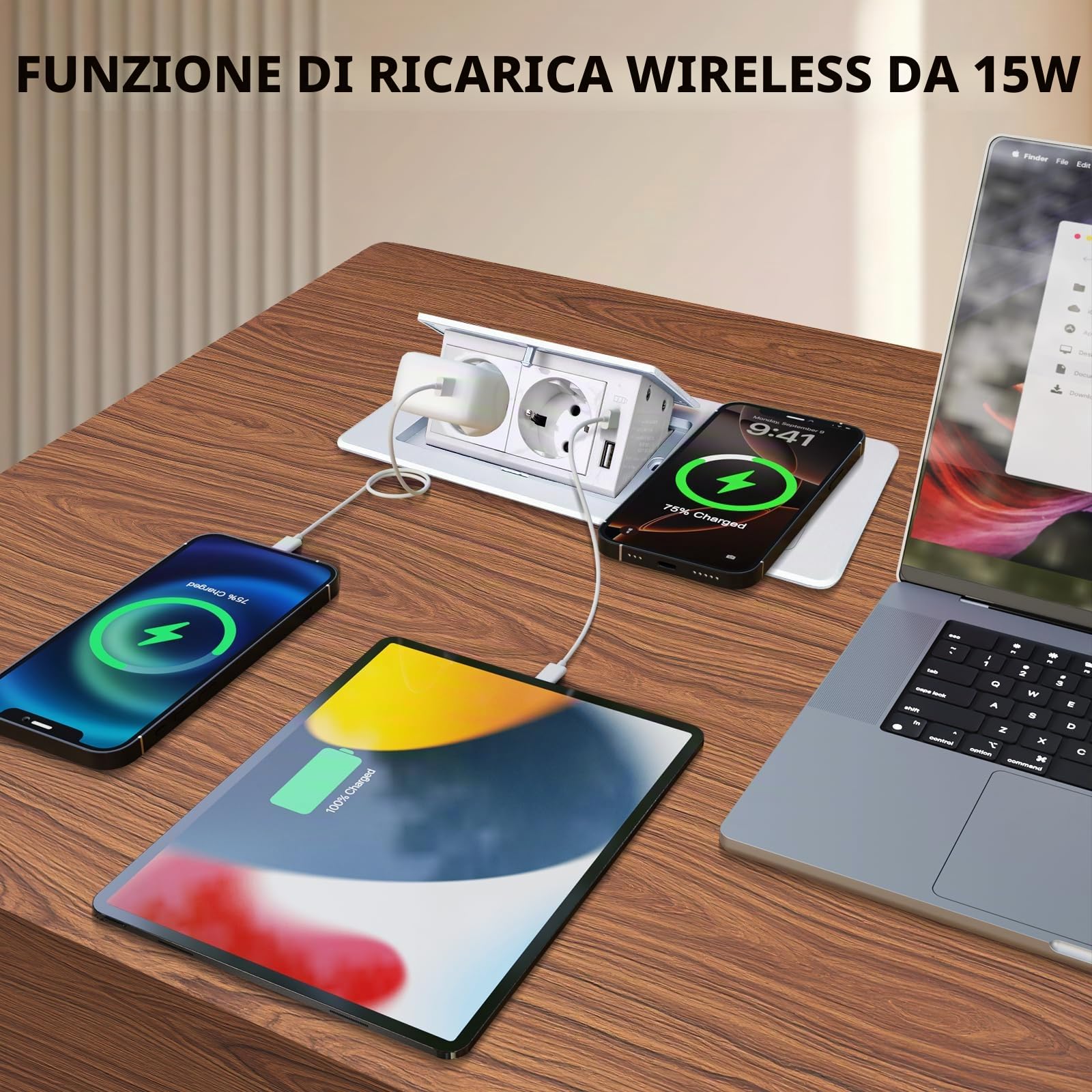 Presa a scomparsa PD20 W, USB C e 15 W, ricarica wireless, 2 prese, per scrivania, piano di lavoro della cucina, bianco
