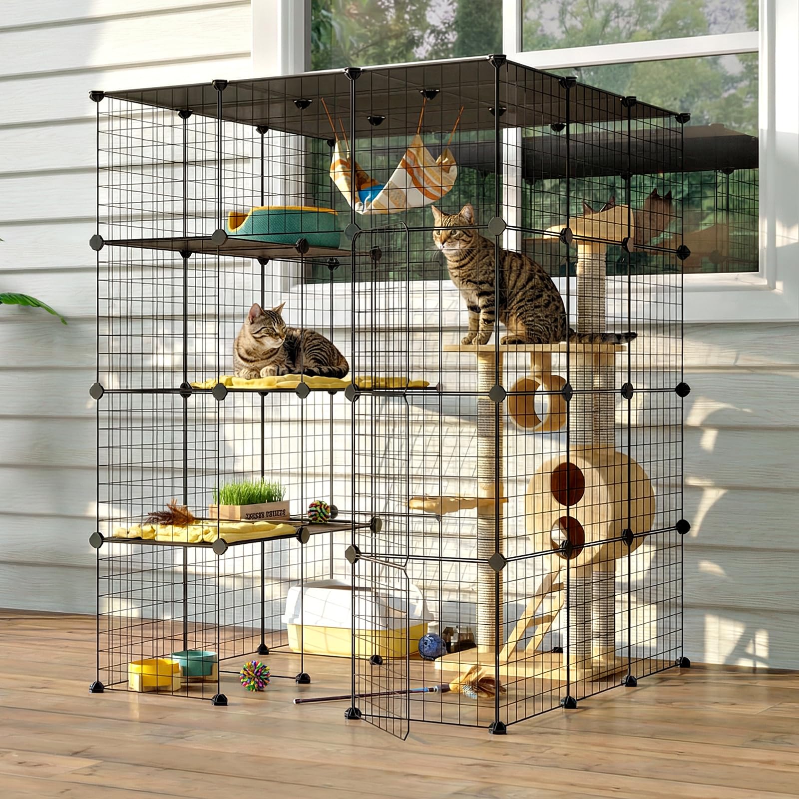 Oneluck Jaulas para gatos al aire libre con puerta de entrada súper grande, 41 pulgadas de largo x 41 pulgadas de ancho x 55 pulgadas de alto, corralito para gatos con plataformas, caja de casetas de