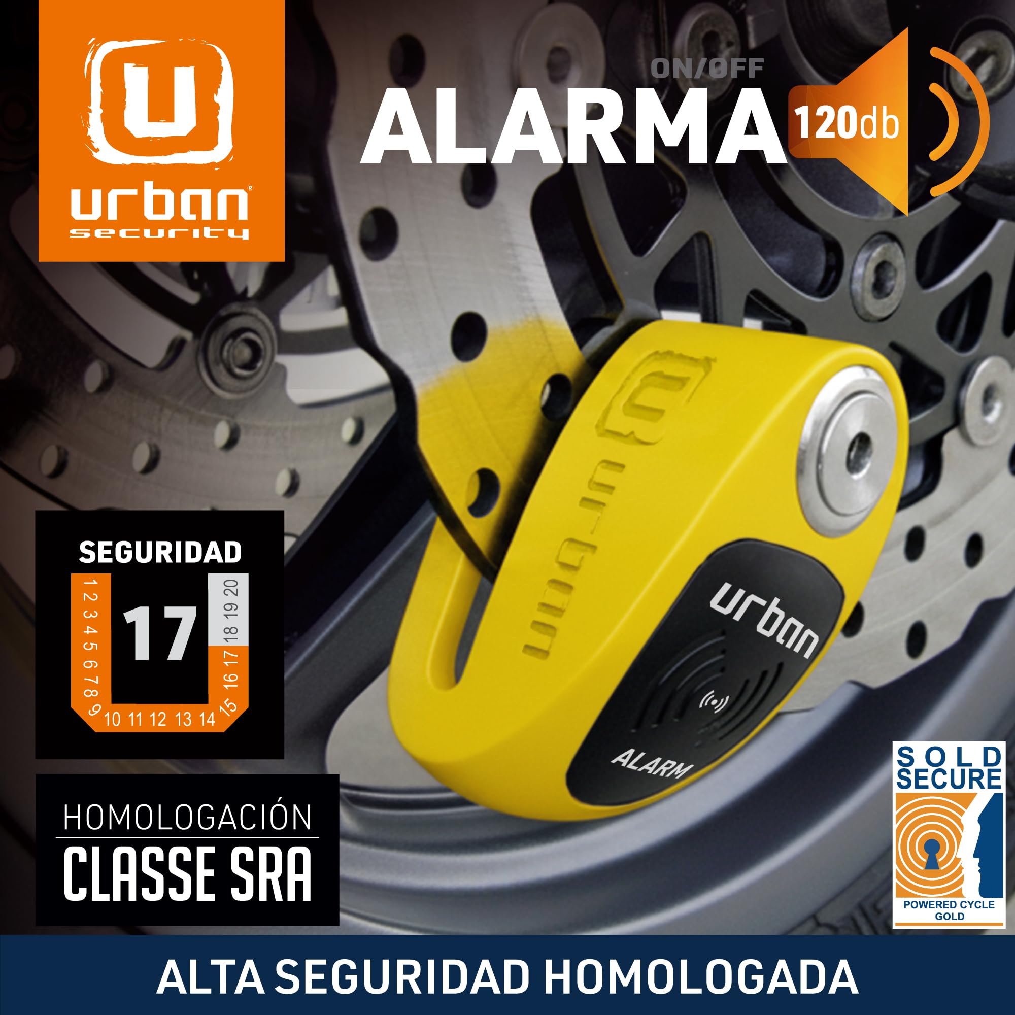 URBAN UR910Y Candado Moto con Alarma 120 dB, Amarillo+Negro Acero Inox Pintado +Disuasorio, Homologado SRA & Sold Secure Gold, Doble Cierre Ø10mm, Bateria CR2, Antirrobo Pinza Cepo Disco Freno Scooter