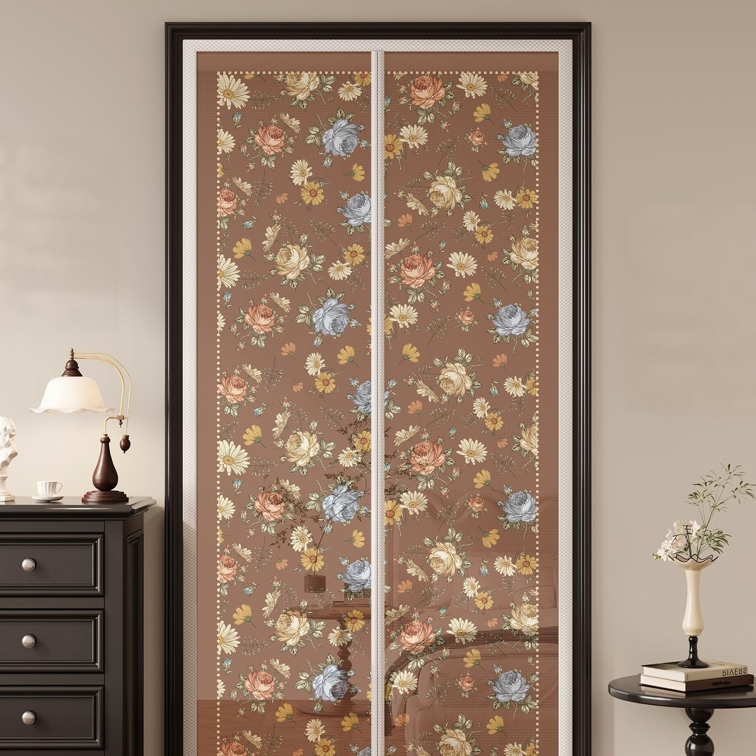 Hiseng Mosquitera Puerta Magnética, Malla de Tejido Fino, Mosquitera para Puerta con Imanes Potentes, Instalación Sin Taladro, Malla Transpirable y Antidesgarro (Floral 01,100x210cm)