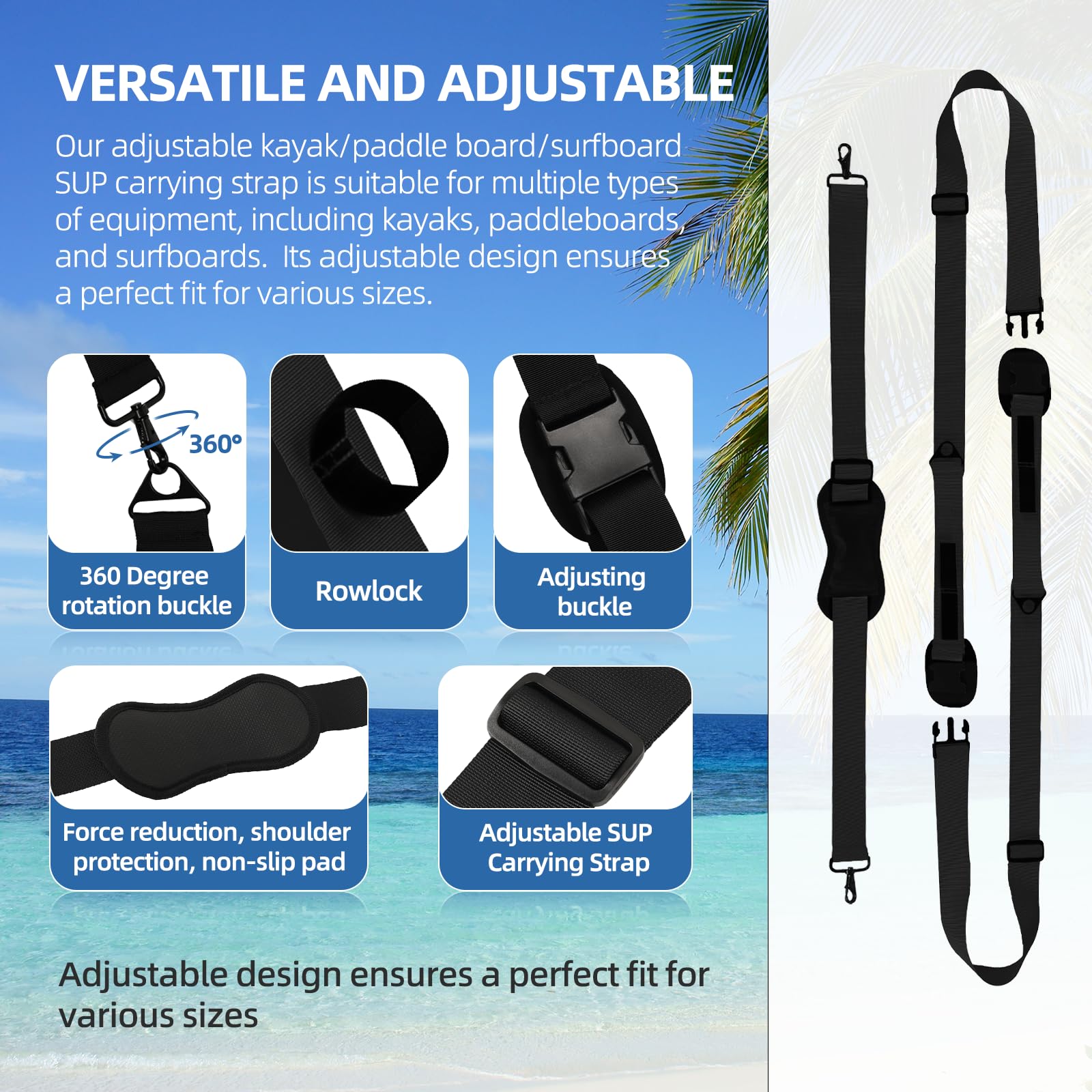 CALPALMY Paddleboard Shoulder Carry Strap/Kayak Carrier Strap/Surfboard Straps/Adjustable SUP Carrying Strap with Paddle Carrier & Metal Accessories (Black)