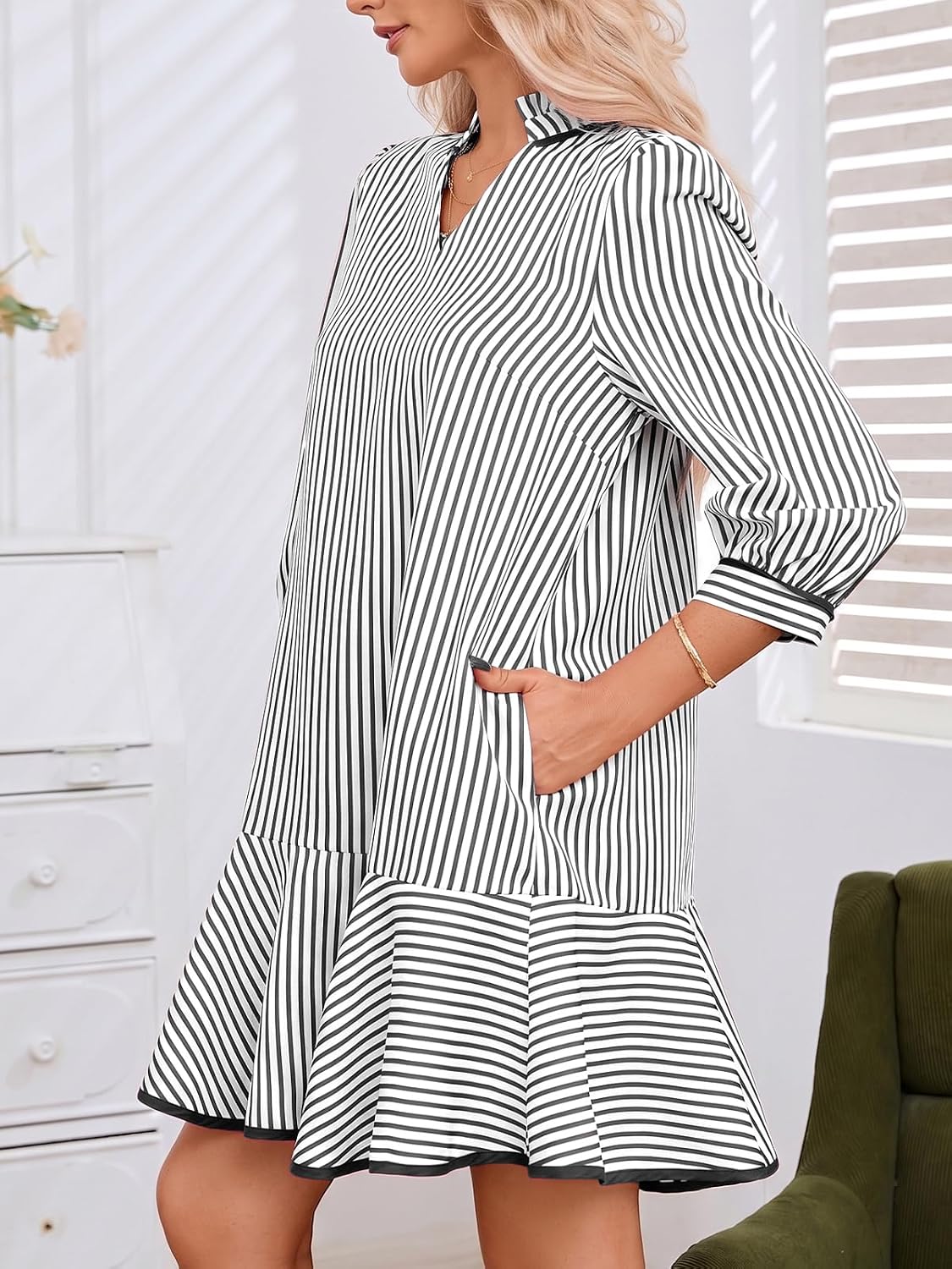 LifeShe 3/4 Sleeve Striped Dress for Women Loose V Neck Ruffle Collared Tiered Mini Dresses with Pockets image 4