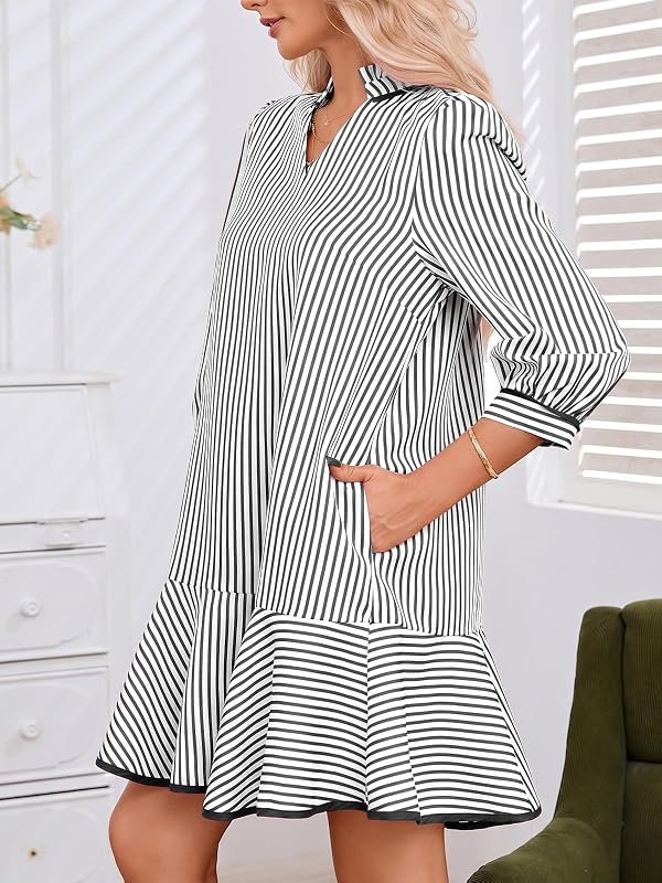 LifeShe 3/4 Sleeve Striped Dress for Women Loose V Neck Ruffle Collared Tiered Mini Dresses with Pockets Black by LifeShe - Used condition - Image 4