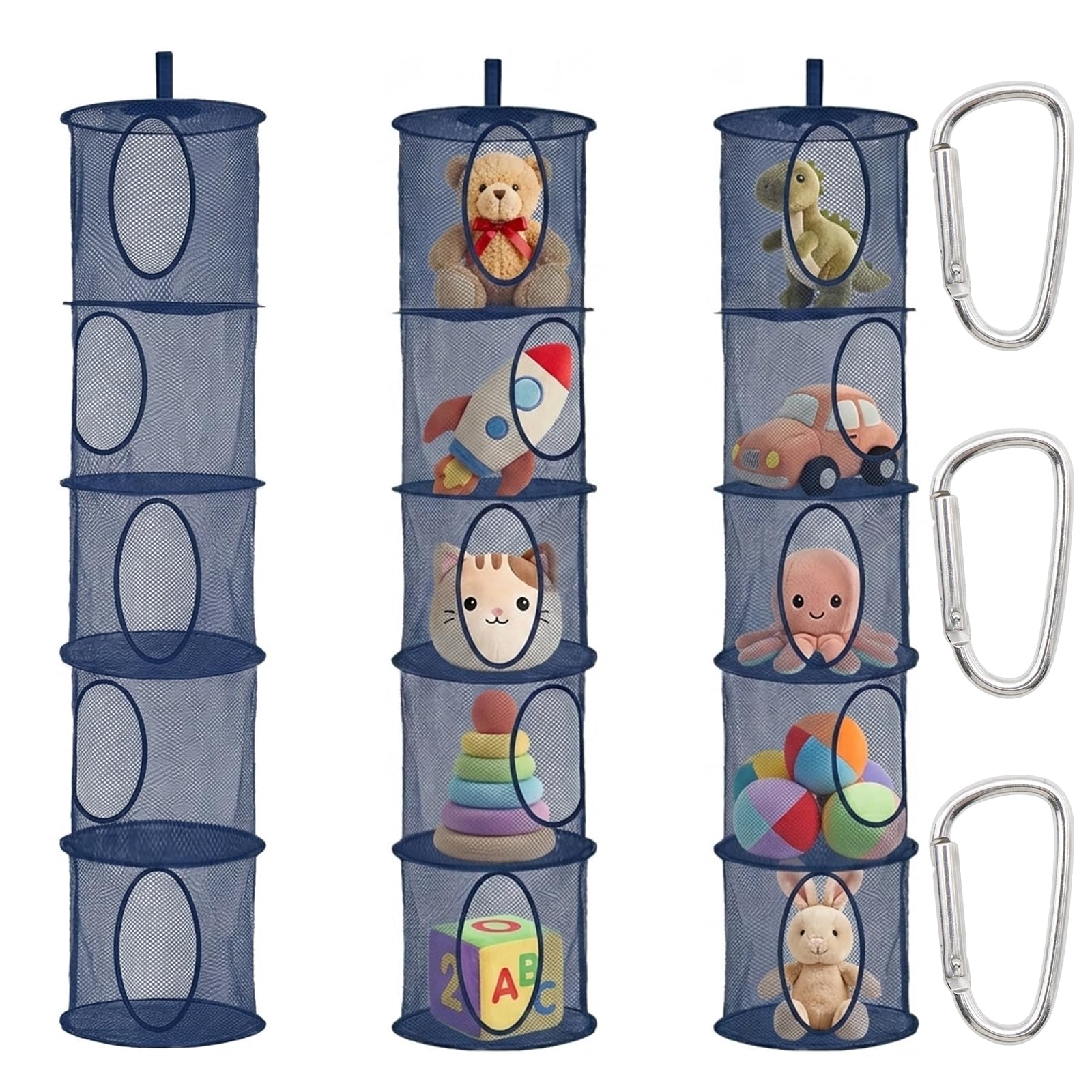 ZYNERY 3 Stück Set Hängende Netz-Aufbewahrungstasche, 5 Stufe Faltbare Hängeaufbewahrung Organizer, Hängender Speicherkorb Kinder für Kinderzimmer Badezimmer Balkon (Marineblau)