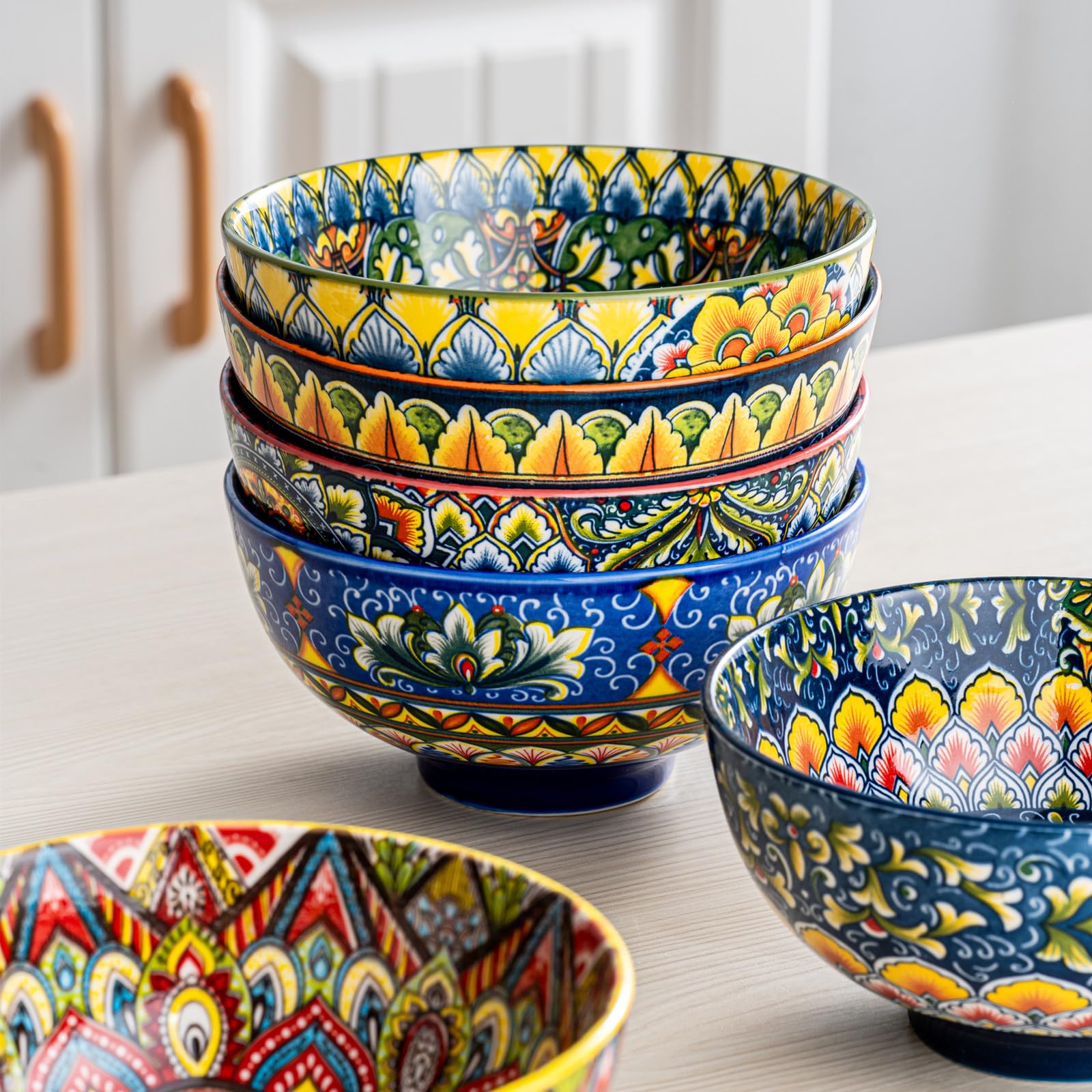 Henten Home Miski do płatków śniadaniowych, ceramiczny zestaw misek do zupy 6 sztuk - 680 ml, miski do serwowania płatków śniadaniowych/zupy/płatków kukurydzianych/śniadania, dwustronny wzór, kolorowe