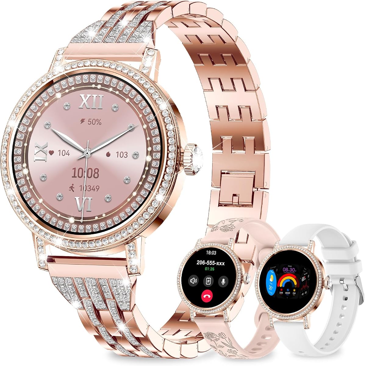 Smart Watches for Women:1.27" HD Smart Watch Bluetooth Calls,3 Bands,BP/Sleep/Steps,120+ Sports Fitness Tracker Android&iOS (Rose Gold)
