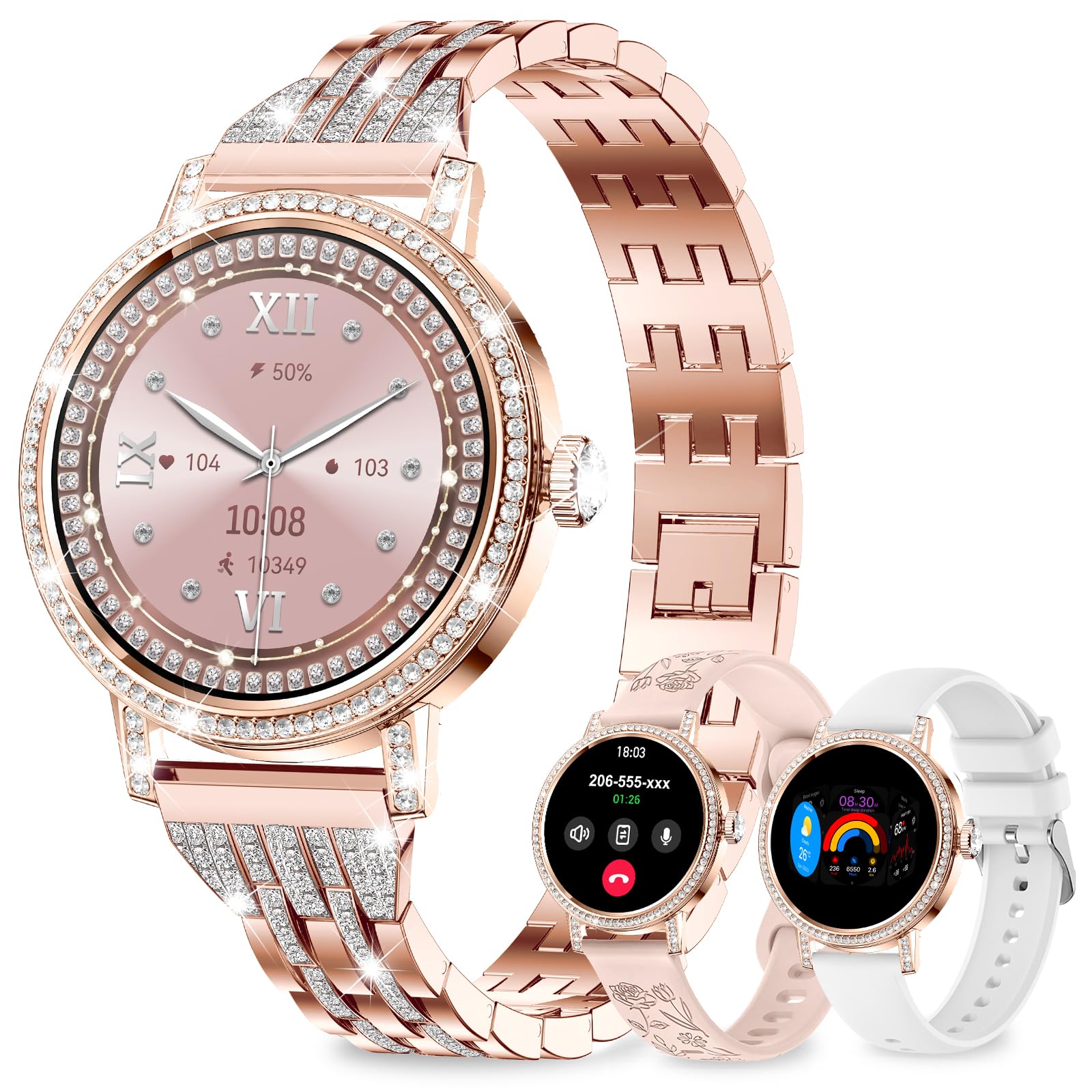 Smartwatch donna con Diamant,3 Cinturini,1,27" HD Smart Watch con Chiamate Bluetooth,Pressione/Sonno/Passi/HR/SpO2/Calorie,IP68 120+ Sportivo orologio donna smartwatch per Android/iOS,Oro rosa