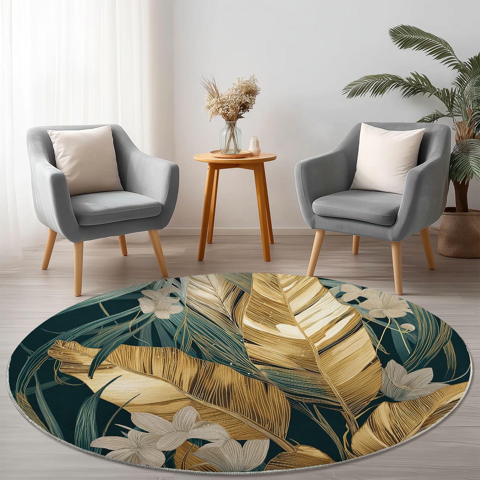Générique Tapis Rond 160 cm Motif Feuilles de Bananier Dorées sur Fond Vert Foncé, Tropical Chic, Poil Court Antidérapant, Lavable, Idéal Salon, Salle à Manger, Chambre, Élégance et Confort