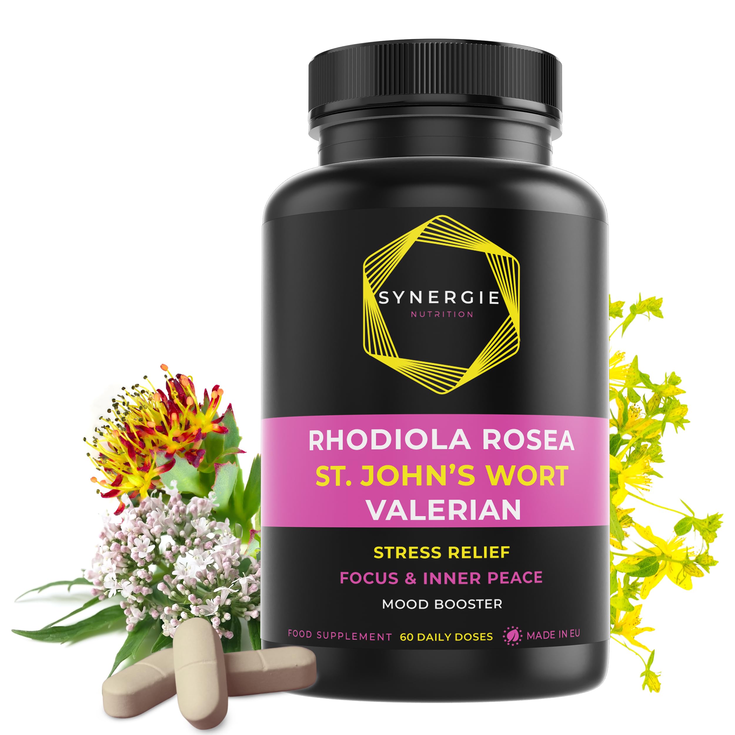 Millepertuis 500 mg, Rhodiola Rosea 400 mg, Valériane 300 mg - 60 doses journalières - Hypericine 0,3%, Rosavine 3%, Salidroside 1% - Extraits 10:1. Harmonisateur d'humeur par Synergie Nutrition
