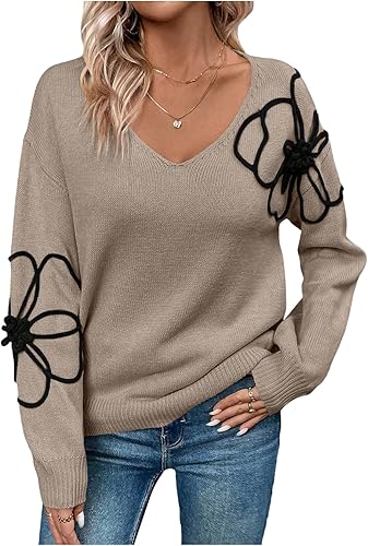 Verdusa Women's Floral Embroidery Pullover Sweaters Streetwear Drop Shoulder Kni