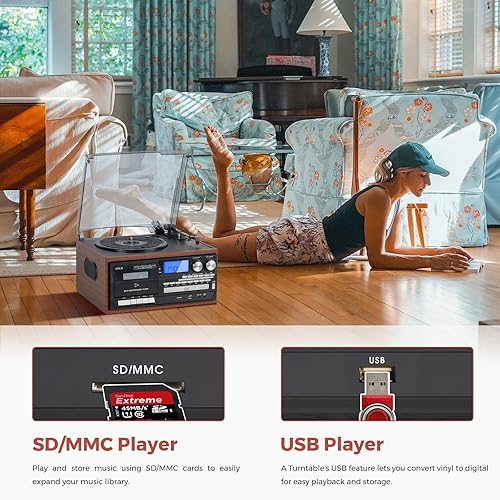 Miniatura 6 de Tocadiscos Bluetooth 9 en 1 con altavoces estéreo integrados, radio AMFM, reproductor de CD y cassette, reproducción USBSD, control remoto para