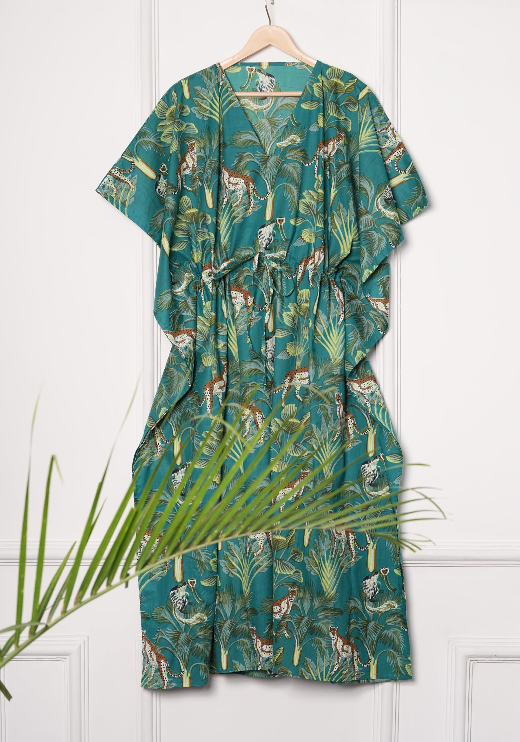 INDACORIFY Caftan Indien en Coton Doux imprimé à la Main, imprimé Floral, vêtements de Plage décontractés, Tuniques d'été, Robe Maxi Longue en Coton