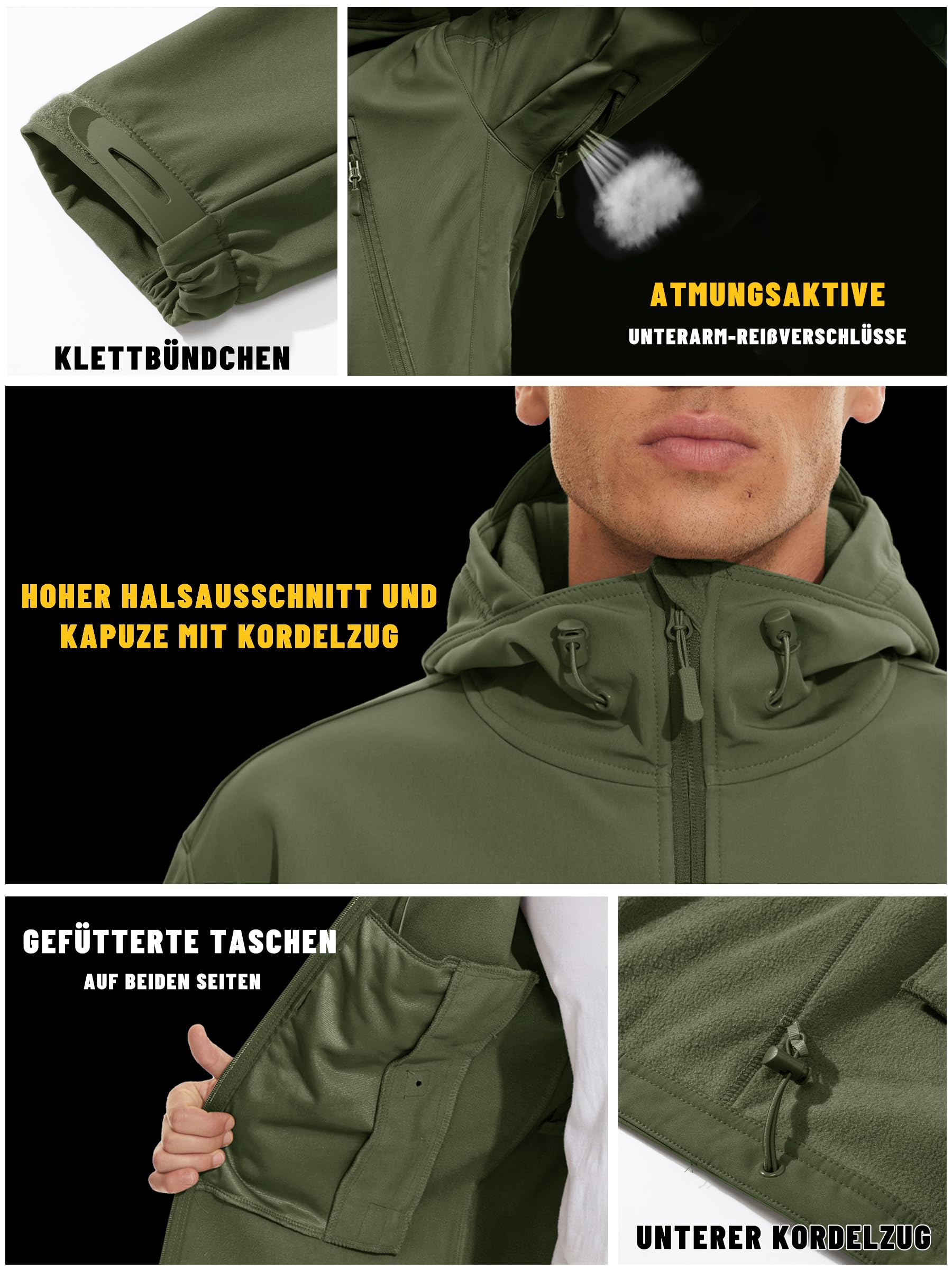 KEFITEVD Herren-Jacke, wasserdicht, taktisch, Fleece, Kampfjacke, Softshell-Jacke, wasserdicht, mit Kapuze, faltbar, abnehmbar