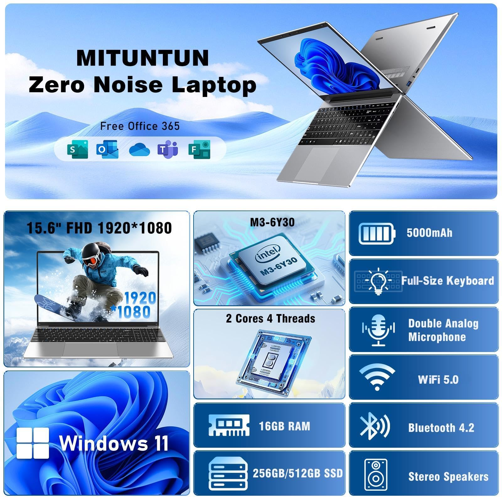 2026 New Laptop Computer, 15.6 Inch Window 11 Pro Lap Top PC 16GB RAM 256GB SSD, Core M3(Beat N4000), 2-Year Warranty, Office 365, FHD 1920 * 1080, 180°Open, UHD Graphics, Full-Size Keyboard — view 2