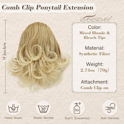 Miniatura 2 de BARSDAR Extensión de cola de caballo con clip, 9 pulgadas, con cordón, corto, ondulado, rubio, extensiones de cabello sintético con clip en colas de