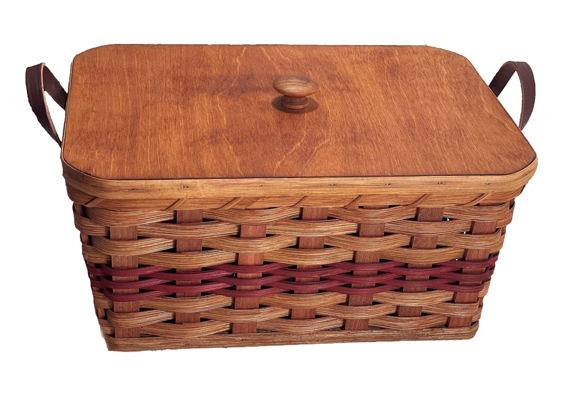 Amish Knitting-Sewing Oak Rectangular Storage Basket With Handles (Red)