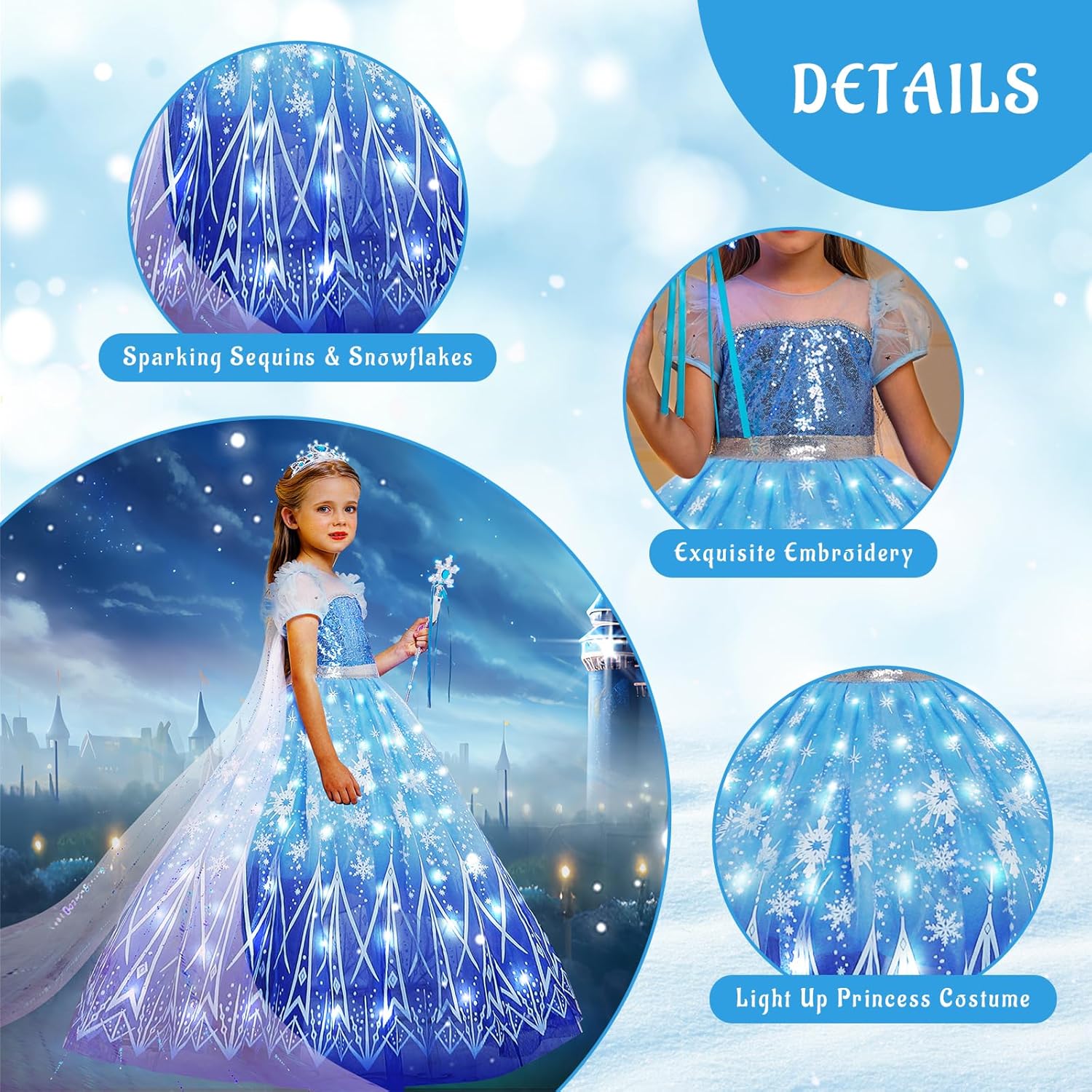 CIYTI Light Up Girls Halloween Costume Snow Princess Dress Ice Christmas Costumes Toddler Kids Costume with Accessories, Blue