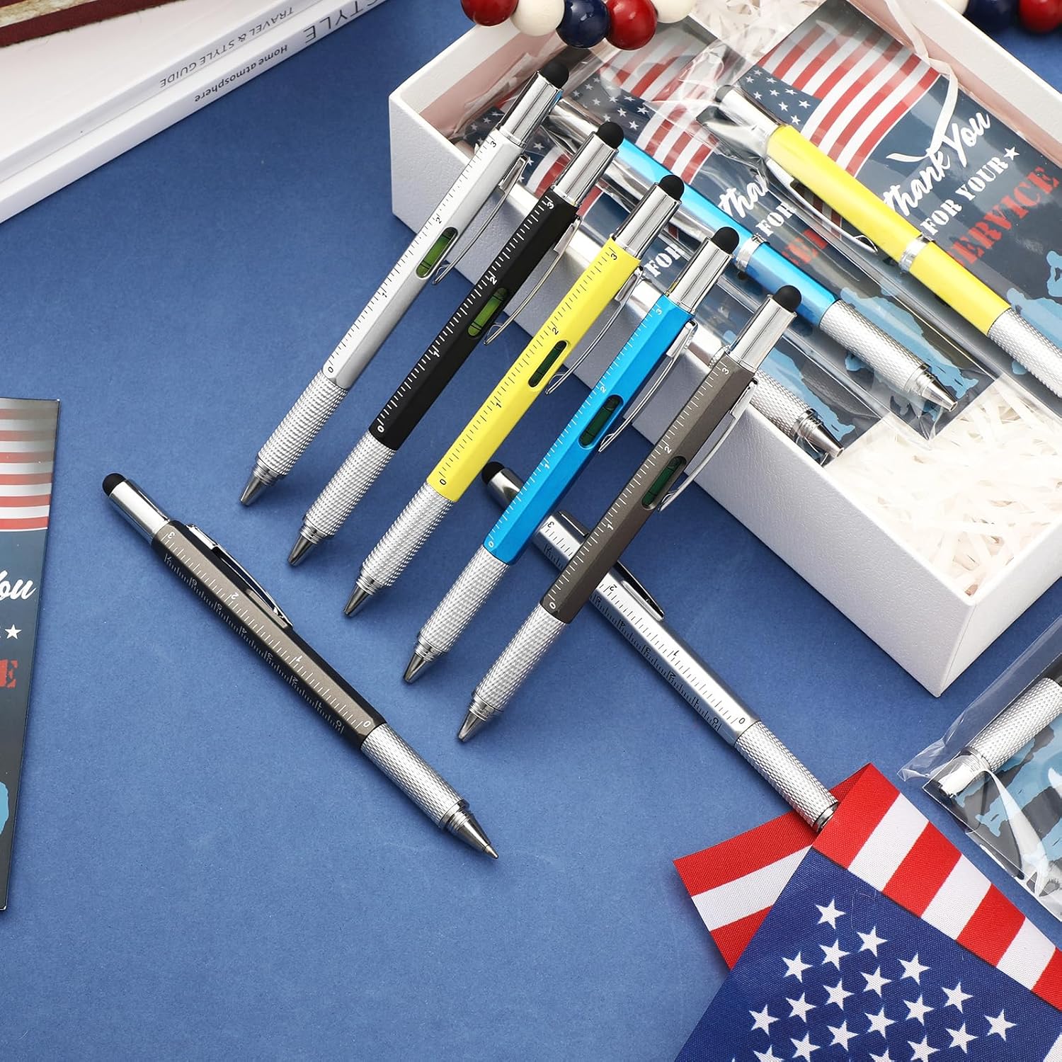 Harloon 50 Sets Veteran's Day Gift 6 in 1 Multi Tool Pen Veteran Thank You Card Memorial Independence Day Gift Patriotic American Flag Military for Us Army Men Grandpa Papa