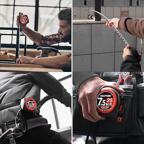 Miniatura 4 de HAUTMEC Cinta métrica de 24.6 ft (25 pies), cinta métrica de doble cara y pulgadas, cinta métrica retráctil con botones de doble parada, gancho