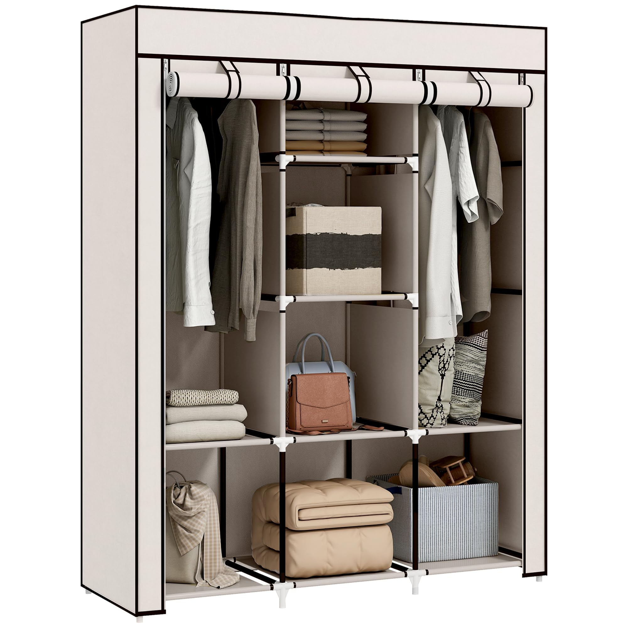 HOMCOM Fabric Wardrobe, Portable Wardrobe, Clothes Storage Unit with 8 Shelves, 2 Hanging Rods, 125 x 43 x 162.5 cm, Cream White