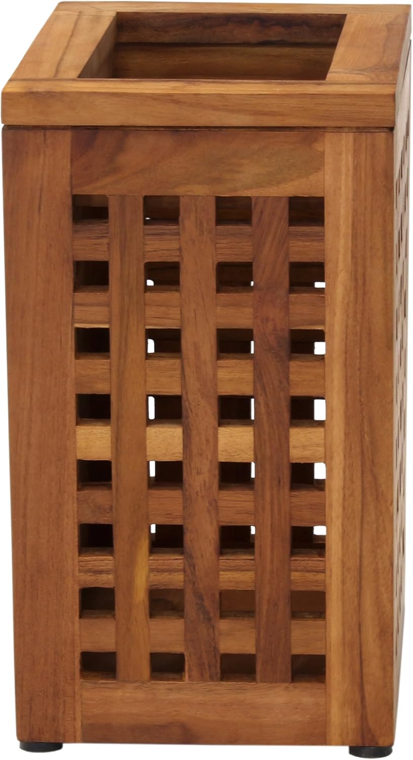 Teak Wood Lattice Waste Basket with Rubber Feet