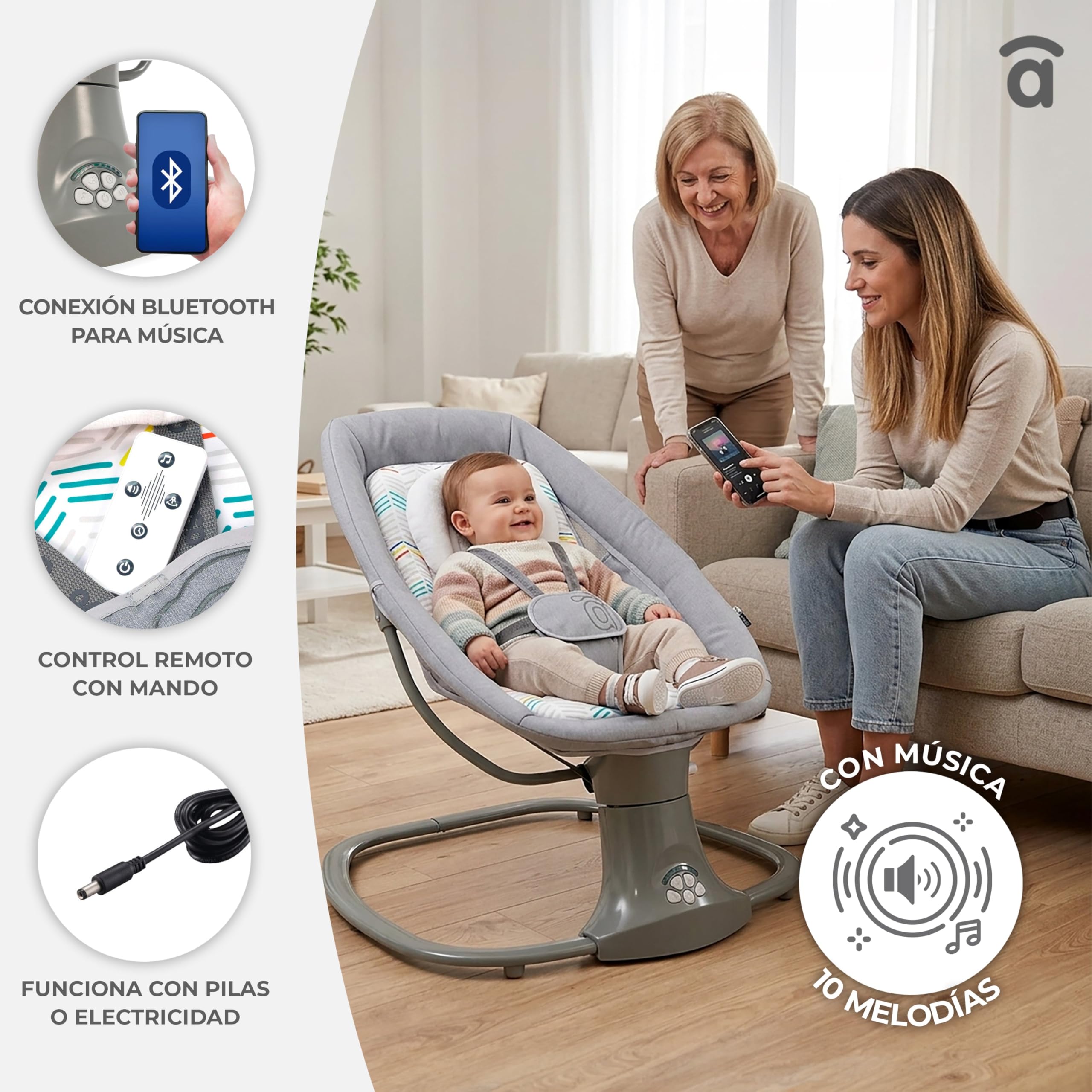 Asalvo Kahlo Hamaca Balancín con Música y Bluetooth, Balanceo Automático 5 Niveles, Capota con Mosquitera, Juguetero con 2 Juguetes, reposa Cabezas, Desde 0 Meses hasta 9 Kg, Textil Lavable, Gris