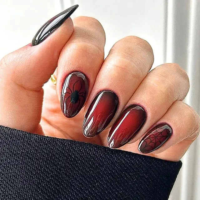 Red Halloween Press on Nails - Almond Fake Nails with Spider Glue