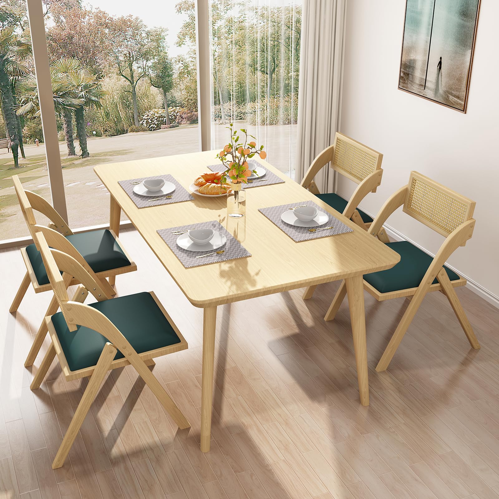 lavimiya Green Folding Dining Chairs Set of 4, Wooden Foldable Dining Chairs, Modern Mid Century Leather Rattan Dining Room Chairs with Padded Cushion for Kitchen, Living Room, Small Space