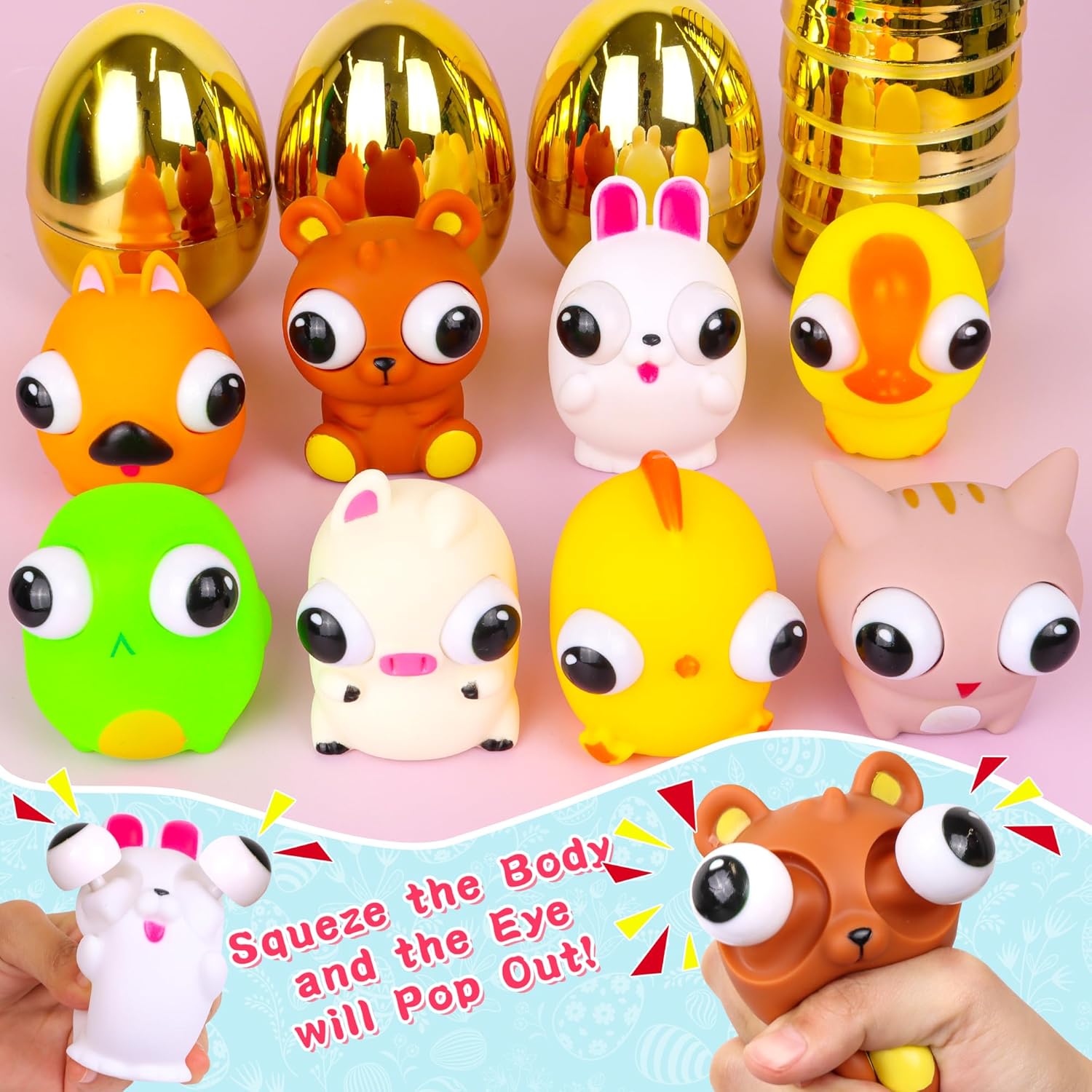8 Pack Jumbo Golden Easter Eggs Fillers with Eye-pop Fidget Stress Toys, Easter Basket Stuffers Fillers Large Surprise Easter Eggs with Toys Inside, Easter Party Favors Eggs Hunts for Kids Boys Girls