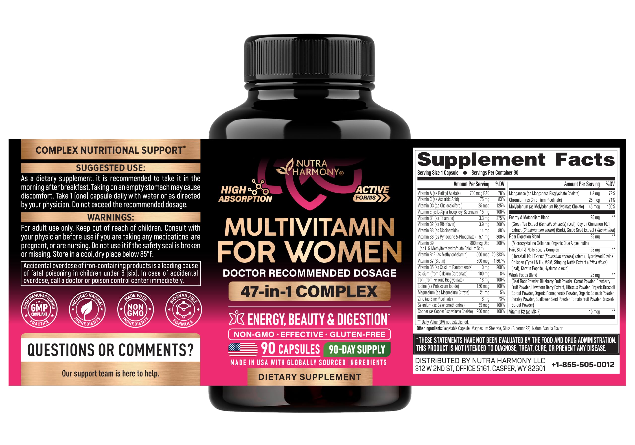 Multivitamin for Women 47in1 - B Complex, Biotin, D3 & K2, Iron - 90 Caps — Amazon image 2