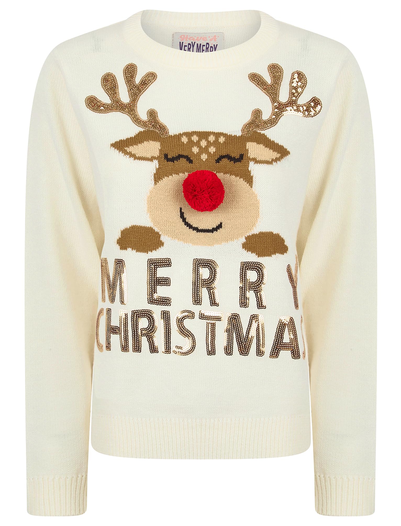 Tokyo Laundry Women’s Happy Rudolph Motif Novelty Sequinned 3D Pom Pom Christmas Jumper in Gardenia - Merry Christmas - 16